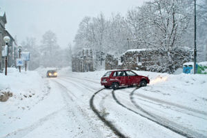 car losing control on snowy road