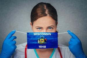 healthcare worker with Wisconsin face mask
